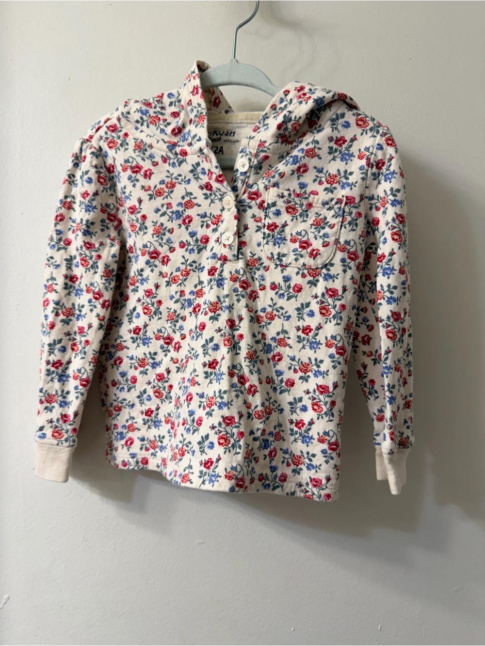 OshKosh B'gosh Cream Hooded Pullover with Red & Blue Floral Print